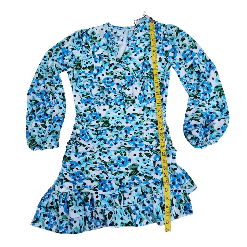 Romantic Blue Floral Polka Dot Ruched Ruffle Mini Dress Open Back US 4 - Picture 7 of 10